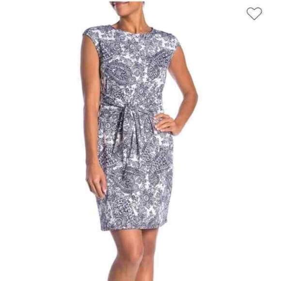 Como Vintage Nordstrom Gray Printed Cap Sleeve Tie Waist Dress Size Medium - Picture 1 of 8